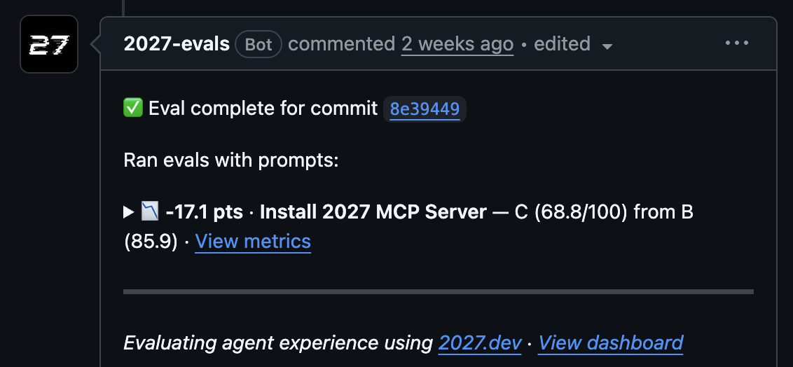 GitHub PR comment from the 2027 app showing AX eval results