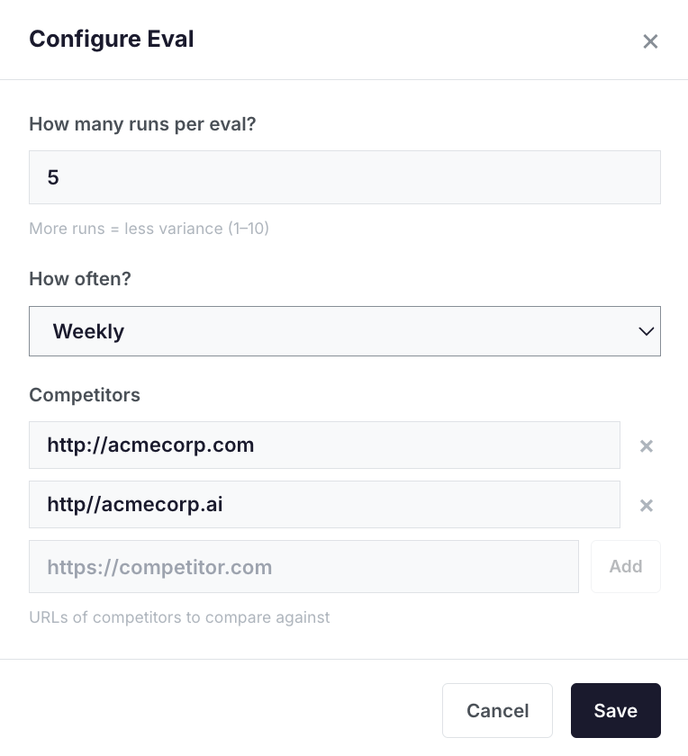 Eval configuration panel showing run count, frequency, and competitors